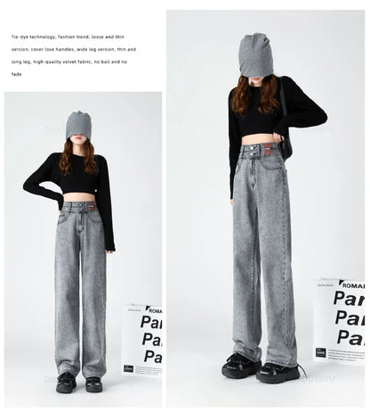 Y2K Woman Jeans High Waist Wide Leg Cotton Denim Clothing Blue White Streetwear Vintage Fashion Harajuku Straight Pants
