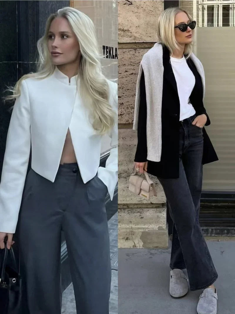 2025 autumn winter new professional women's simple fashion white short commuting zhongshan collar suit jacket