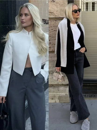 2025 autumn winter new professional women's simple fashion white short commuting zhongshan collar suit jacket