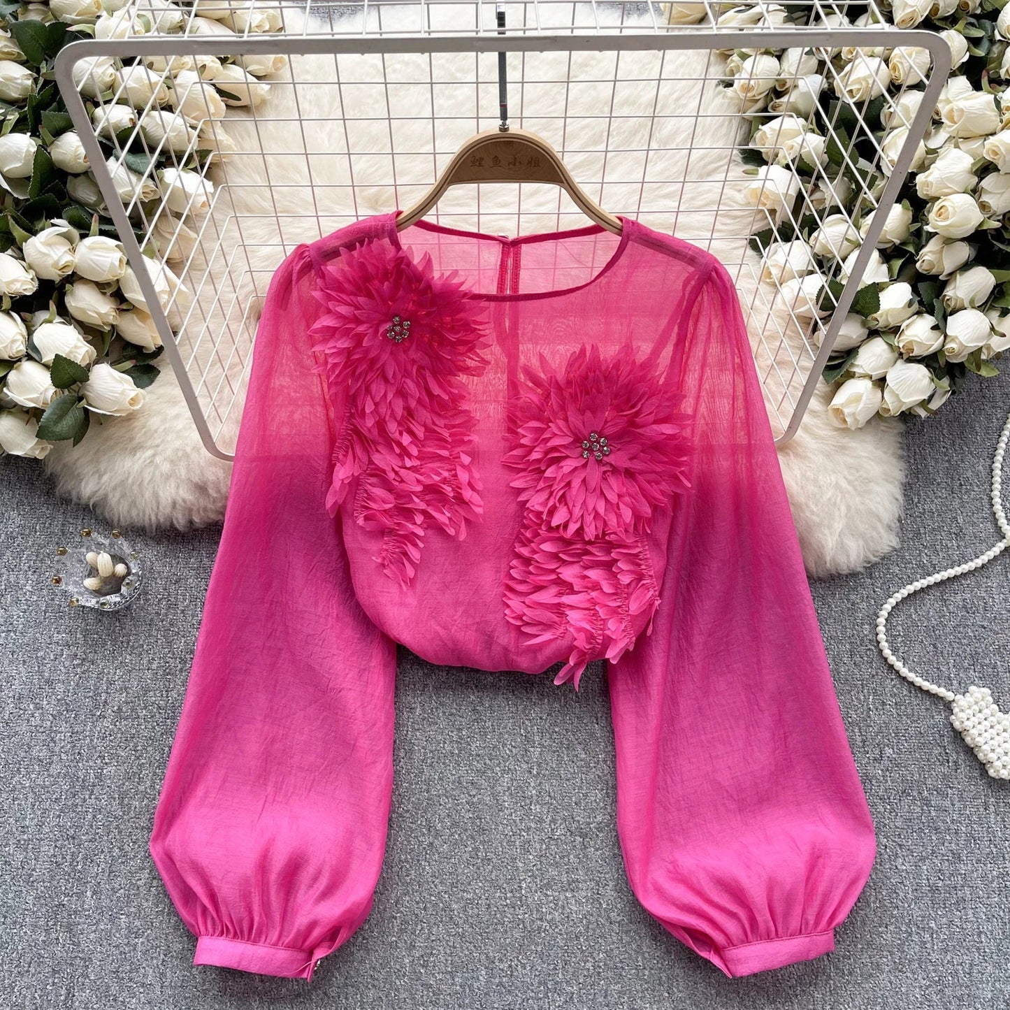 Spring Loose Satin Blouse Women O Neck Long Sleeves Sheer Bohemian Top 2024 Transparent 3D Floral Casual Shirt
