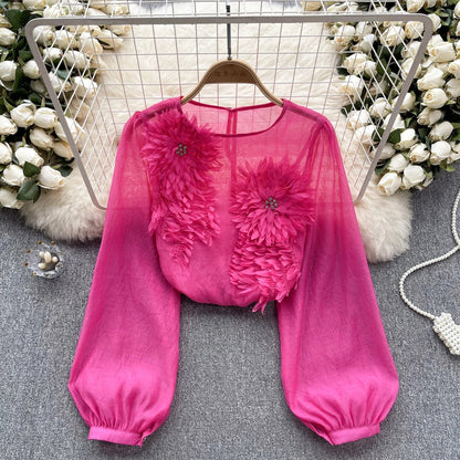 Spring Loose Satin Blouse Women O Neck Long Sleeves Sheer Bohemian Top 2024 Transparent 3D Floral Casual Shirt