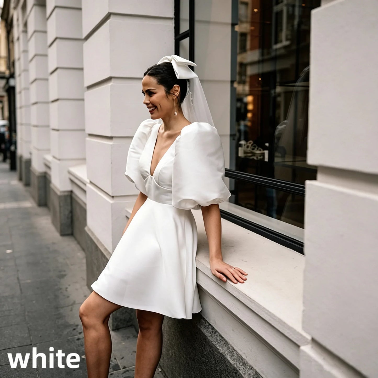 Puff Sleeve Deep V Satin Mini Wedding Dress A Line Bridal Gown Bow Veil Civil Elopement Bride Reception Custom Fit Ceremony Wear