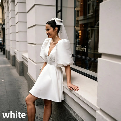 Puff Sleeve Deep V Satin Mini Wedding Dress A Line Bridal Gown Bow Veil Civil Elopement Bride Reception Custom Fit Ceremony Wear