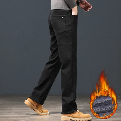 Winter Men's Fleece Warm Jeans Classic Black Plush Loose Straight Business Casual Pants Thermal Male Clothing 40 42 44