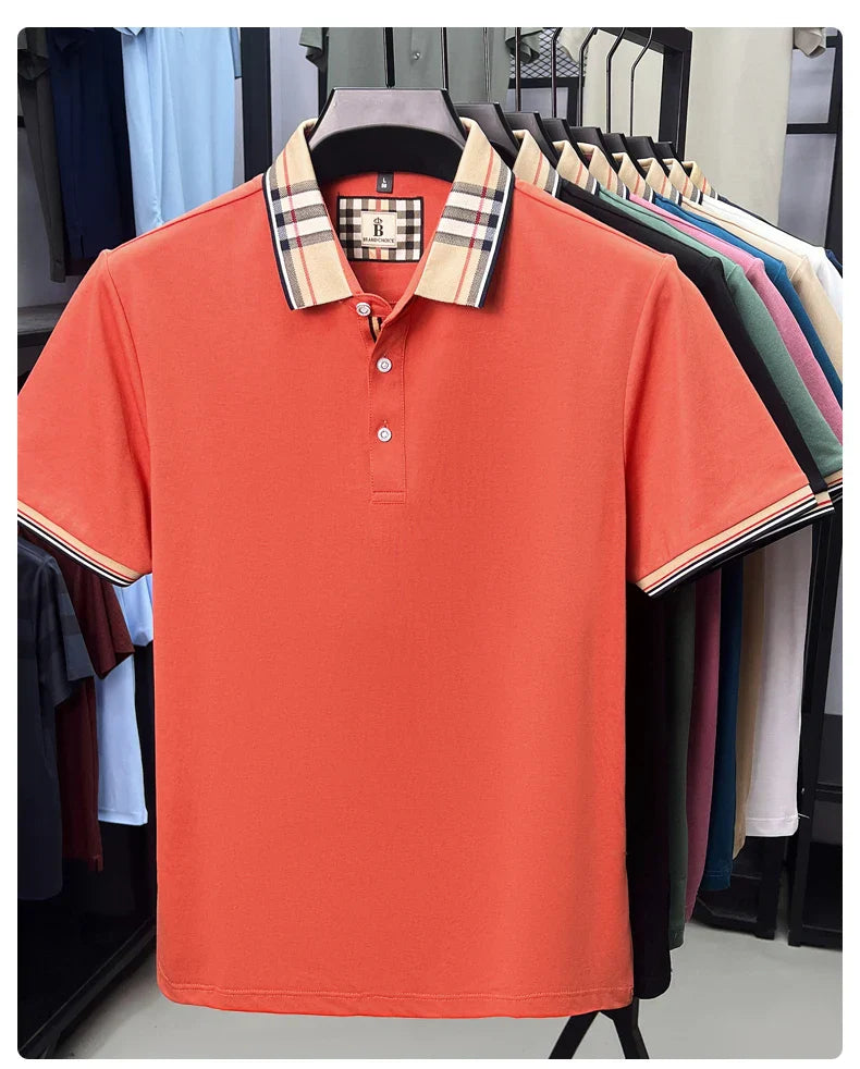 Fashion brand luxury short sleeve polo shirt men summer quality silky cotton breathable business casual striped collar T-shirt