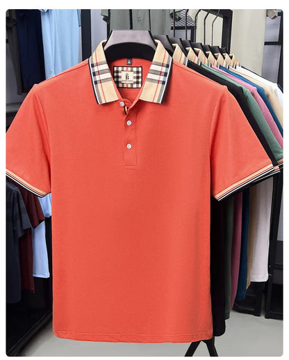 Fashion brand luxury short sleeve polo shirt men summer quality silky cotton breathable business casual striped collar T-shirt