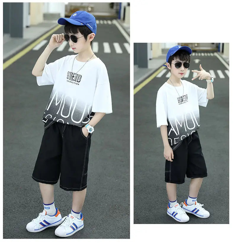 Summer Boys Cotton Contrast Alphabet t-Shirt Tops+Denim Shorts Pant School Kids Tracksuit Child 2PCS Outfit Workout Set 5-16 Yrs