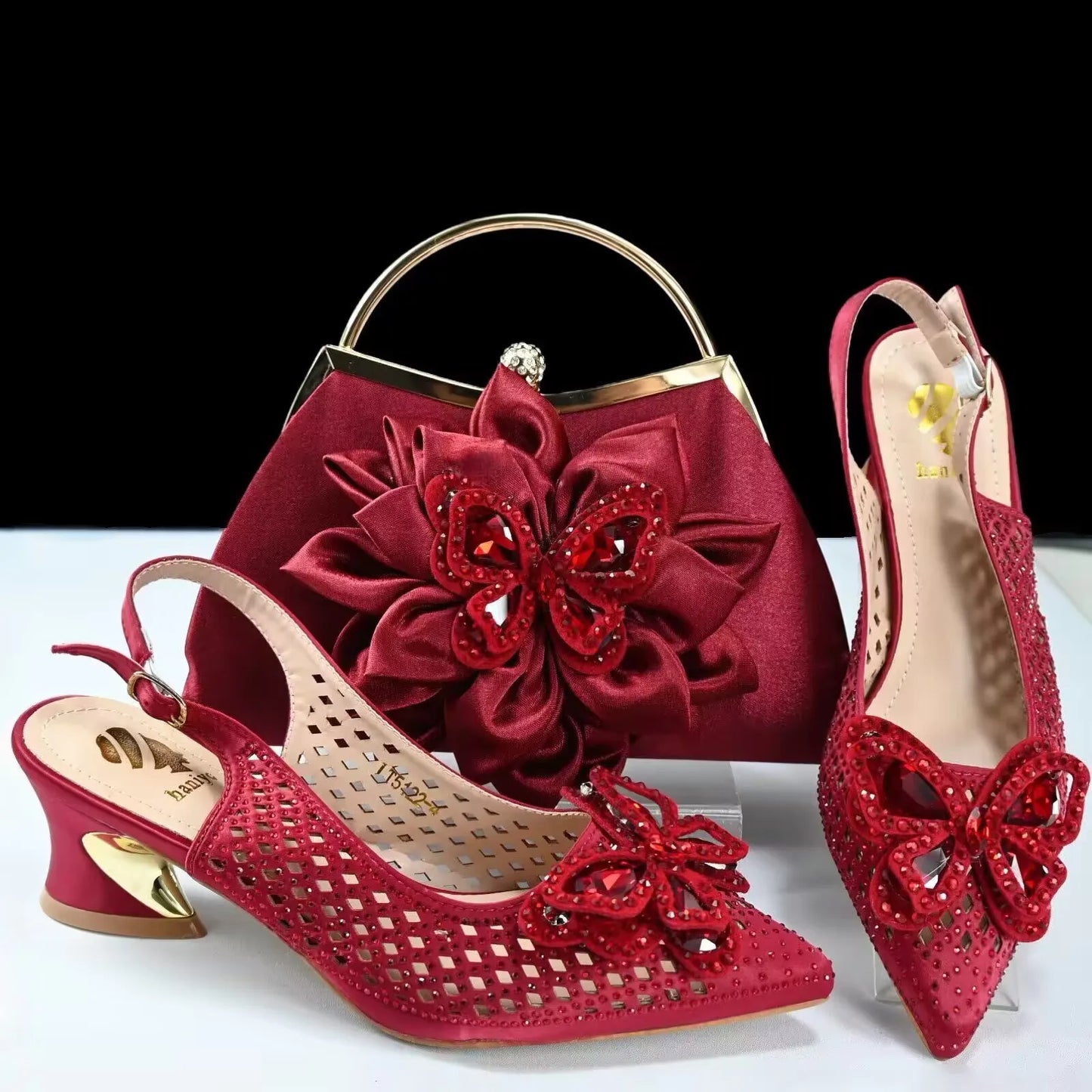 2025 High Quality Winter New Arrivals Specials Design Italian Shoes and Bag Set in Wine Color Low Heels Comfortable For Wedding