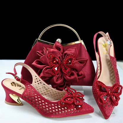 2025 High Quality Winter New Arrivals Specials Design Italian Shoes and Bag Set in Wine Color Low Heels Comfortable For Wedding