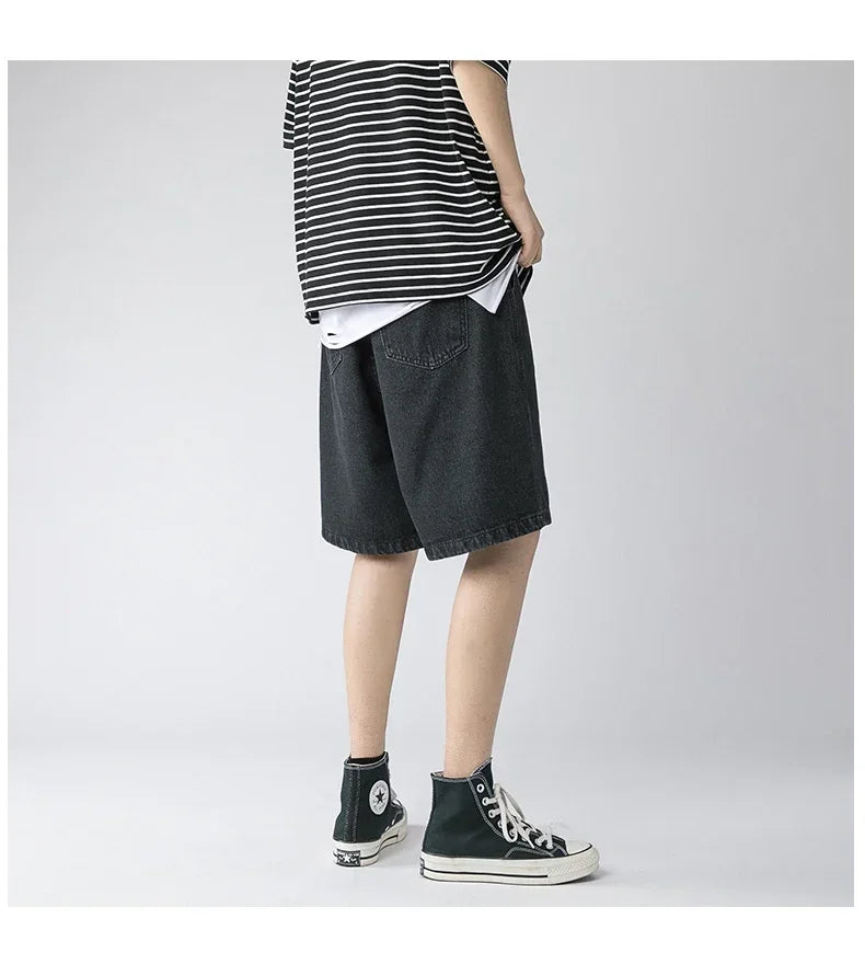 Wide Baggy Denim Shorts Men Summer Thin Solid Color Casual Loose Knee-length Pants Male Jeans Shorts Streetwear