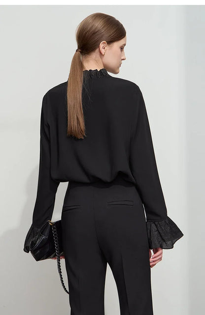 Minimalist Chiffon Shirt For Women 2025 Autumn New Office Lady V-neck Ruffle Splicing Loose Long Sleeved Blouse 12511078