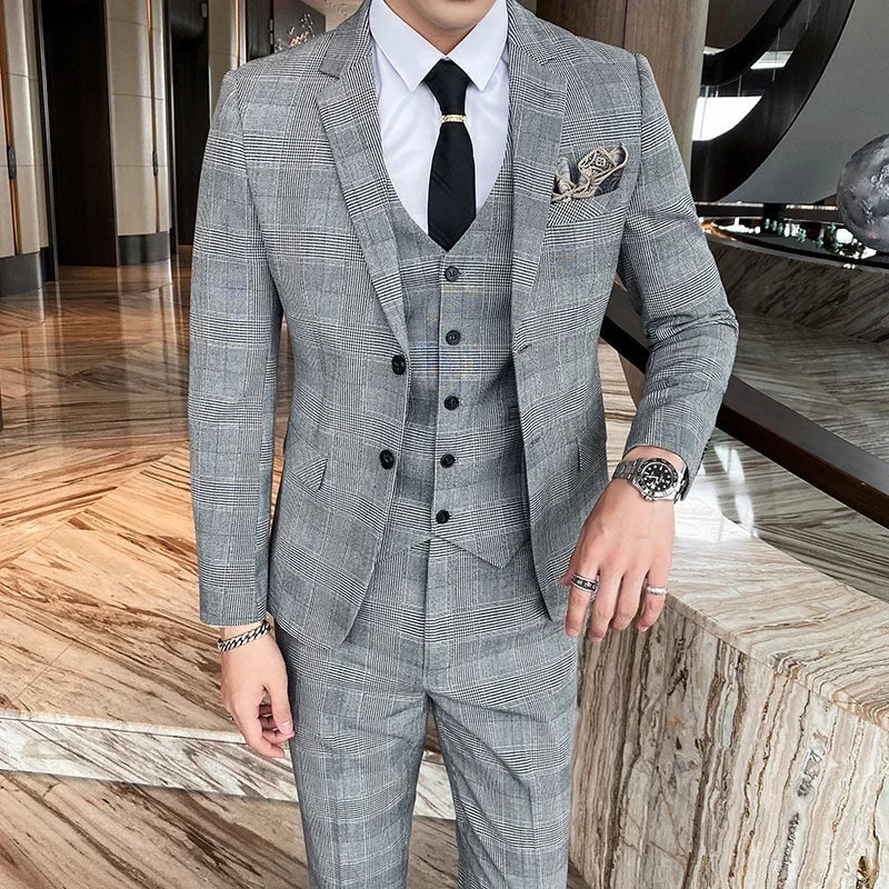 Blue Men Classic Striped/Checked Suits, Asian Size Slim Fit Business Office 3-Piece Sets, Black/Gray and Red Available.