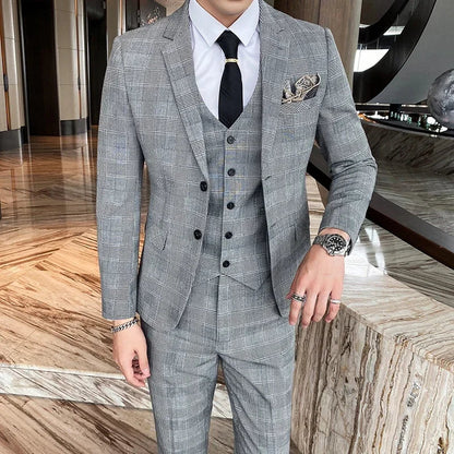 Blue Men Classic Striped/Checked Suits, Asian Size Slim Fit Business Office 3-Piece Sets, Black/Gray and Red Available.