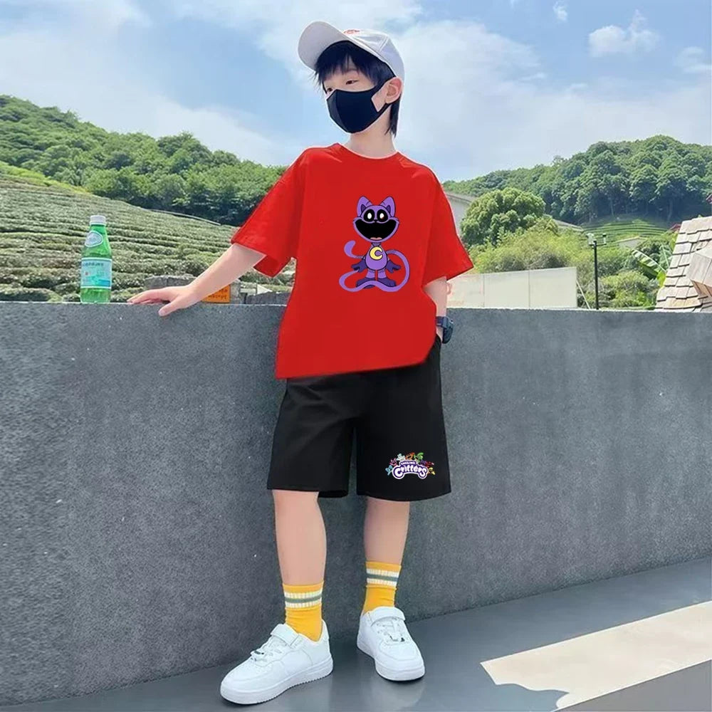 Summer Tshirt Cool White Boy Girl Children T-shirt+Shorts Set Toddler 3-12Yrs Fashion Round Neck Anime game Print