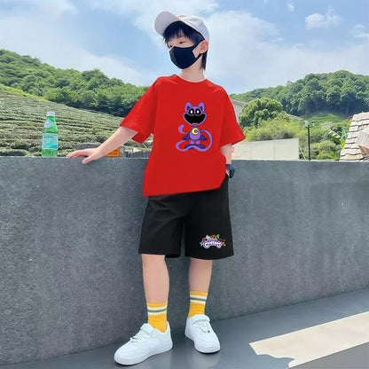 Summer Tshirt Cool White Boy Girl Children T-shirt+Shorts Set Toddler 3-12Yrs Fashion Round Neck Anime game Print