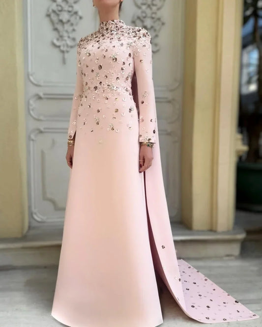 Customized Formal Evening Dresses Women High Collar Rhinestone Saudi Prom Dress Modern Style Long Sleeves A-line Party Dress