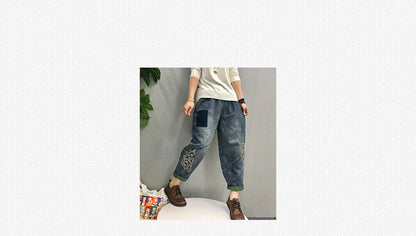 2024 Chinese Style Spring Womens Printed Patchwork Jeans Ladies Vintage Blue Denim Pants Female Casual Punk Pantalons