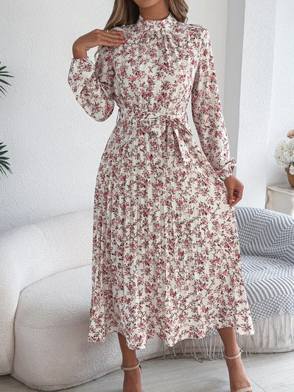 Floral Stand Up Collar Bridesmaid Dress 2026 Spring Summer Elegant Long Sleeve Waist Cinched Pleated Dresses Valentine's Day