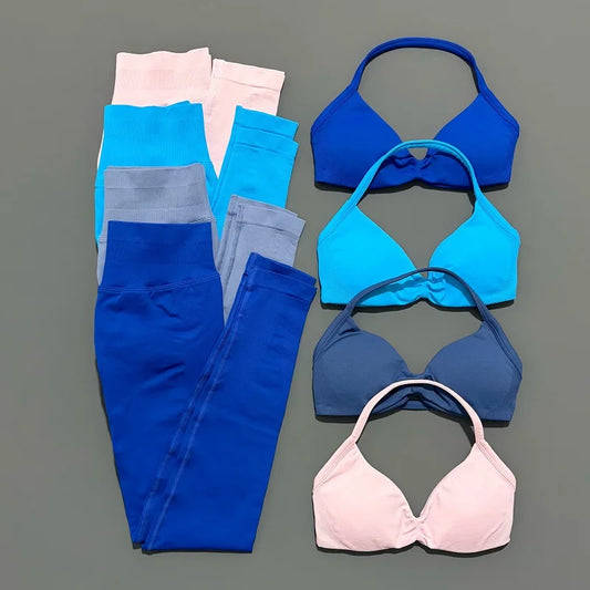 2 Piece Sports Set Women Yoga Backless Halter Bra High Waist Scrunch Seamless Pants Sport Suit Gym Sportswear Workout Set
