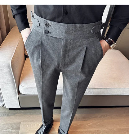 Autumn Winter High Waist Business Dress Pants Men Casual Belt Design Slim Suit Pants Formal Wedding Social Party Male Trousers