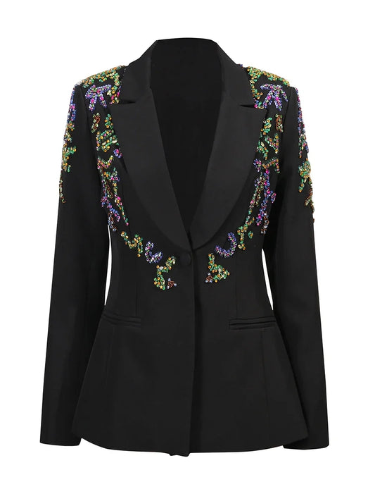 Solid Slimming Spliced Beading Fashion Blazers for Women Lapel Long Sleeves Tunic Temperament Blazer Female Clothes