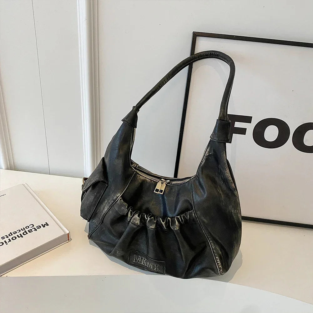 Distressed Vintage Shoulder Bags Women Pleated Y2K Design Large Capacity Retro Hobo Bag 2025 New Designer Handbags Luxury
