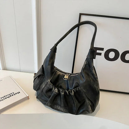 Distressed Vintage Shoulder Bags Women Pleated Y2K Design Large Capacity Retro Hobo Bag 2025 New Designer Handbags Luxury