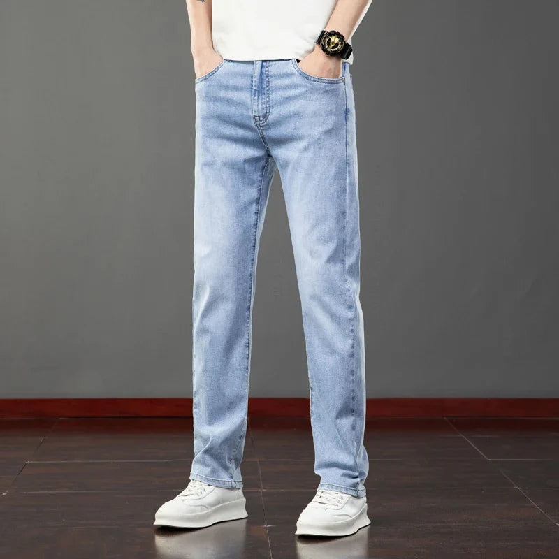 Spring Summer Thin Men's Jeans Fashion Korean Elastic Slim Straight Business Casual Denim Pants Classic Washed Male Trousers