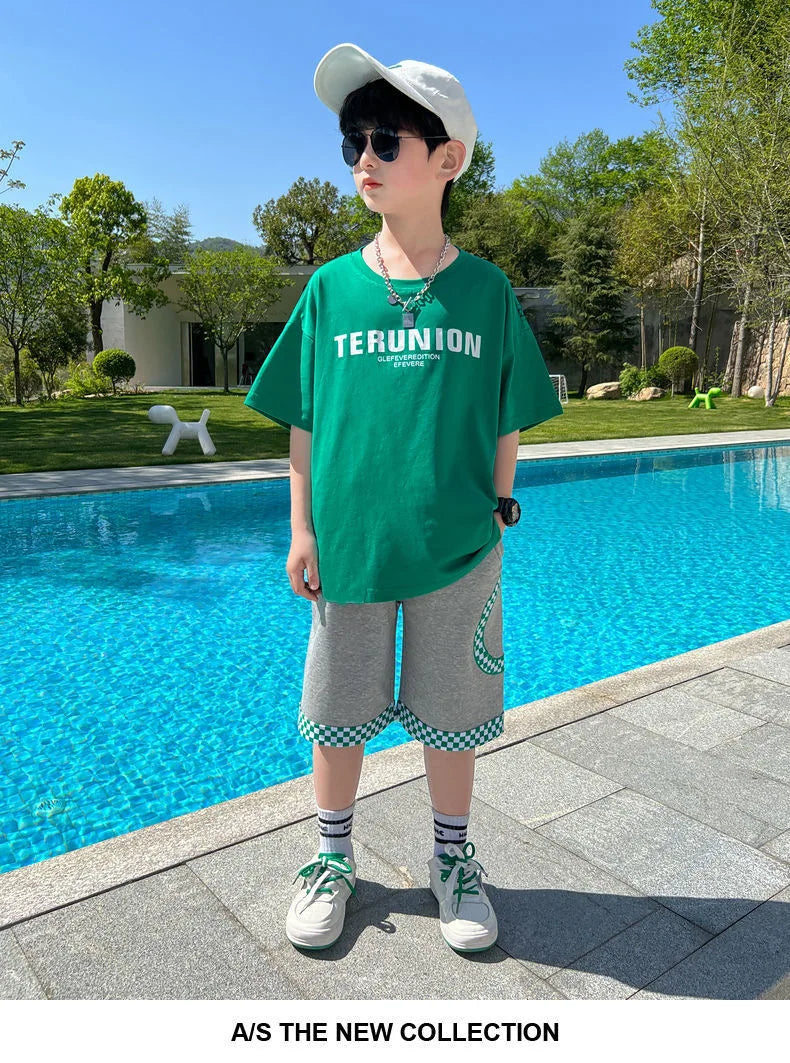 Summer Boys Cotton Alphabet Cartoon T-Shirt Tops+Patchwork Plaid Shorts Pant Set School Kids Tracksuit Child 2PCS Outfit 5-14Yr