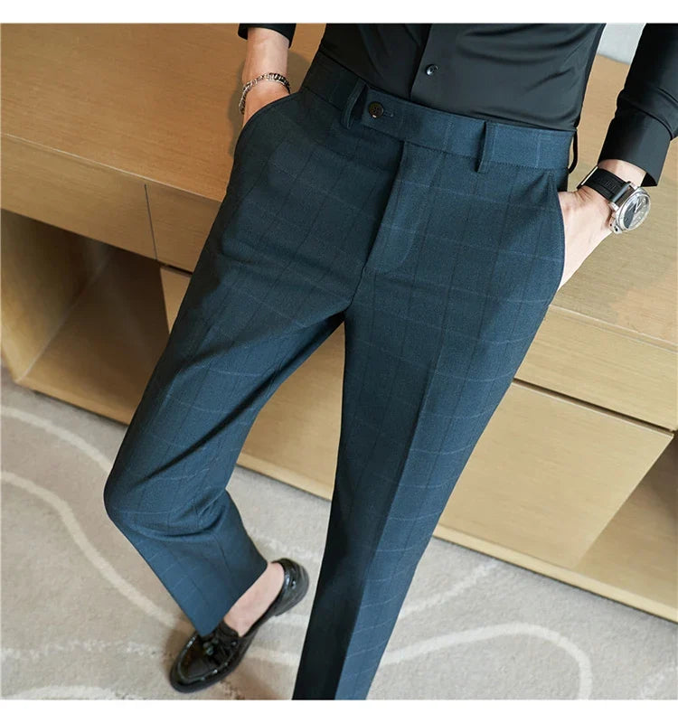 2026 Classic Men's Slim Fit Plaid Striped Casual Pants Fashion Business Slim Fit Suit Pants Formal Groom Wedding Dress Trousers