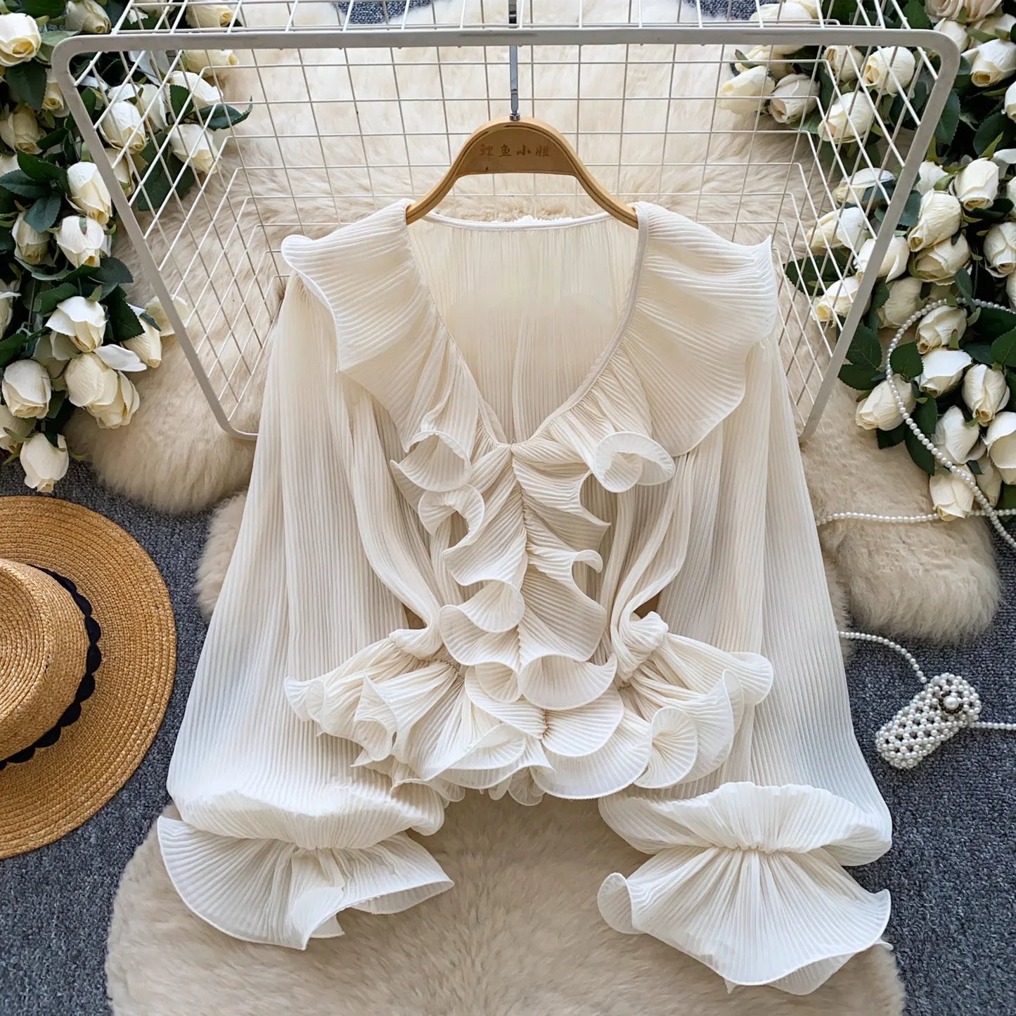 Ruffles Pleated Romantic Tops Thin Spring Summer V Neck French Elegant Blouse Fairycore Flowy Office Lady Luxury Shirt
