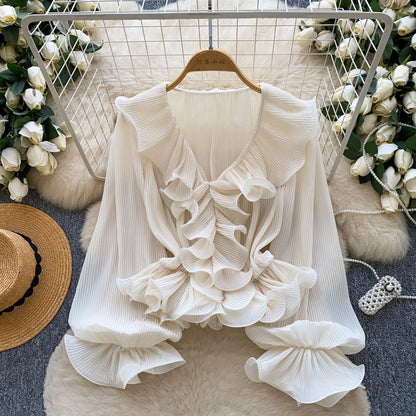 Ruffles Pleated Romantic Tops Thin Spring Summer V Neck French Elegant Blouse Fairycore Flowy Office Lady Luxury Shirt