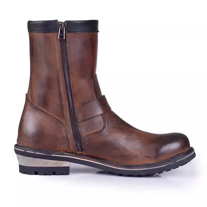 Vintage Mens Cowhide Genuine Leather High Top Engineer Boots Buckle Round Toe Motorcycle Riding Boots Zipper Work Safety Shoes