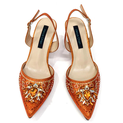 Venus Chan Italian Shoes and Bags Matching Set 2024 Nigerian Heel Party for Women Orange Colour Italian Design Wedding INS 2024