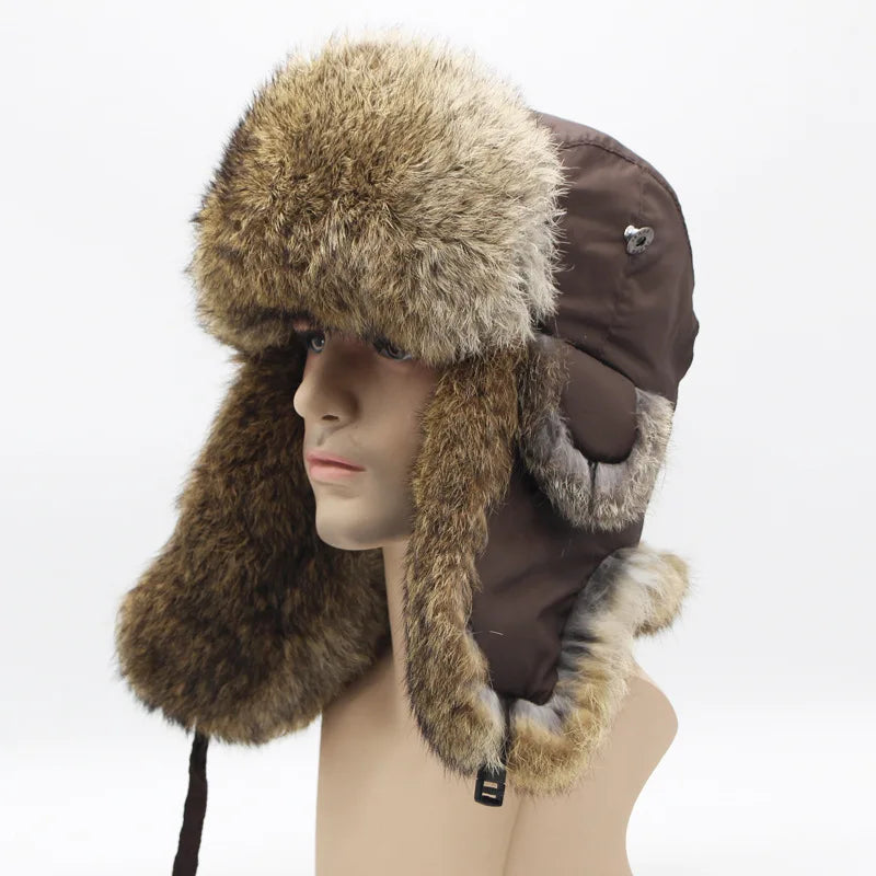 Sports Winter Fashion Trapper Hats Men Thick real Rex Rabbit Fur Bomber Cap with Warm Snow Ear Flap Hiking Hats for Outdoor