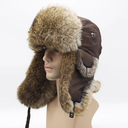 Sports Winter Fashion Trapper Hats Men Thick real Rex Rabbit Fur Bomber Cap with Warm Snow Ear Flap Hiking Hats for Outdoor