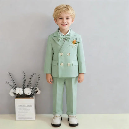 3-14 Yrs Kids Suit Set, Double Breasted Suit Jacket, Pants Bowtie, Boys Formal Tuxedo Set for Wedding, Ring Bear Dresswear