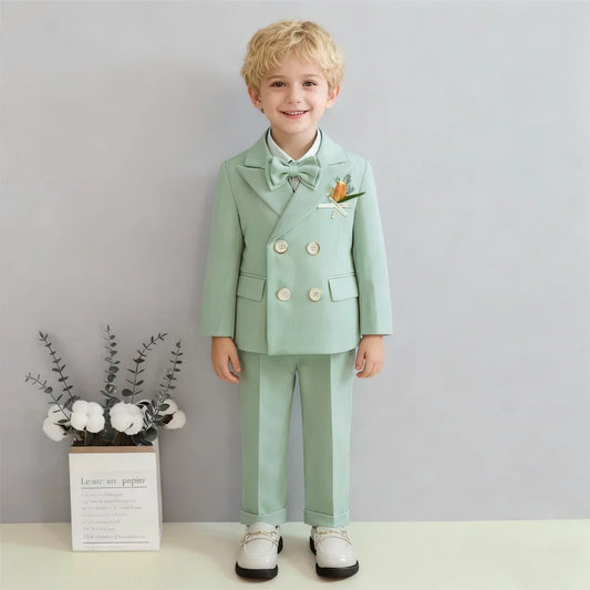3-14 Yrs Kids Suit Set, Double Breasted Suit Jacket, Pants Bowtie, Boys Formal Tuxedo Set for Wedding, Ring Bear Dresswear