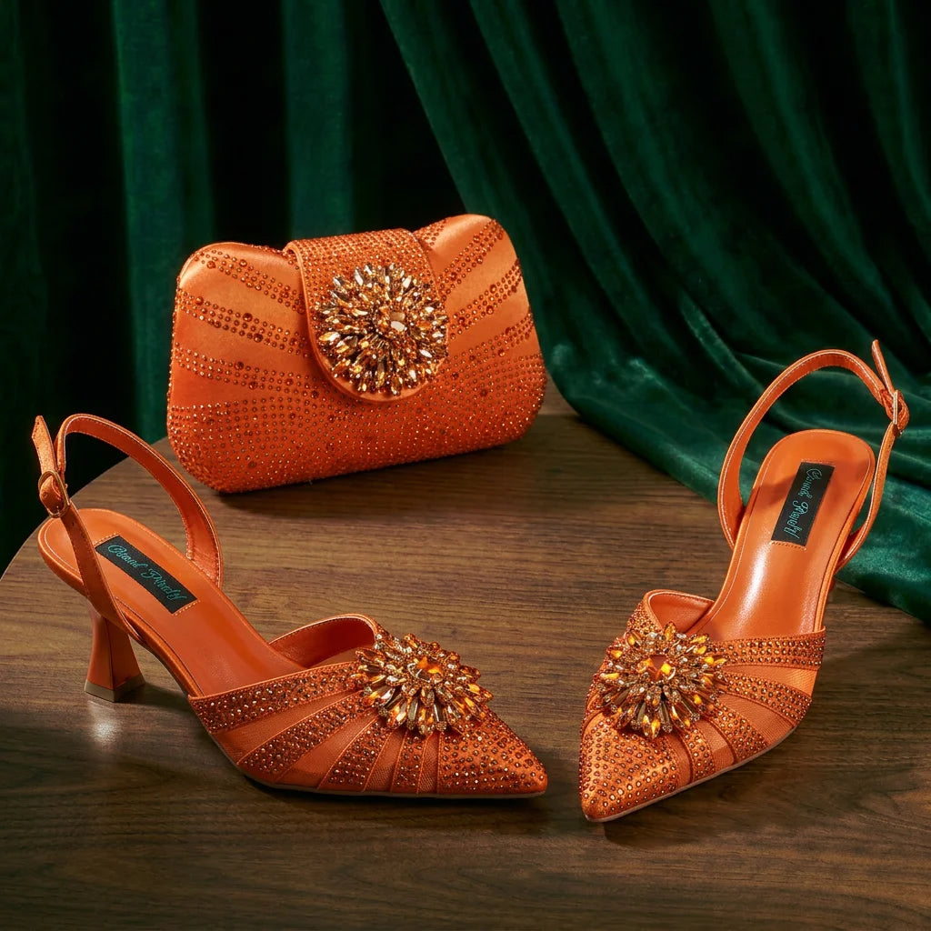 New Italian Pumps and Bag To Party 2026 INS Style Pointed DURABLE OUTSALE Rhinestone Elegant Coffee Color High Heels for Women