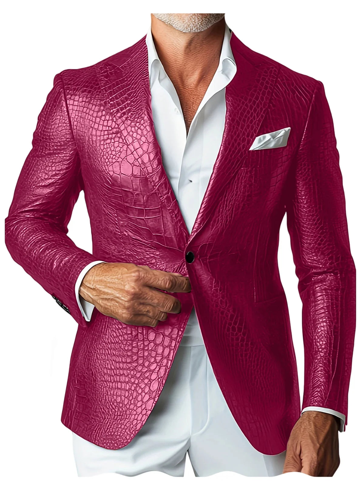 Luxury Men's Crocodile Embossed Leather Blazer Notch Lapel Suit Fit 1 Button Jacket Shiny Croc Print Formal Business Party Coat