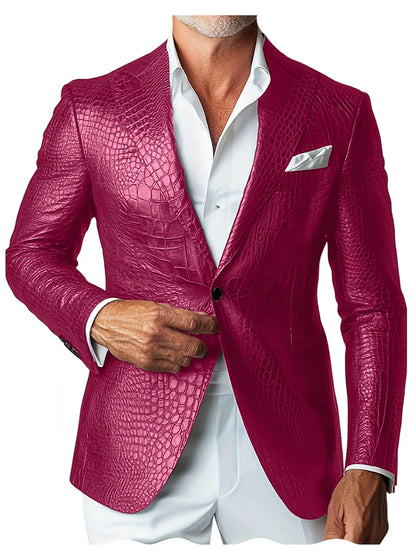 Luxury Men's Crocodile Embossed Leather Blazer Notch Lapel Suit Fit 1 Button Jacket Shiny Croc Print Formal Business Party Coat