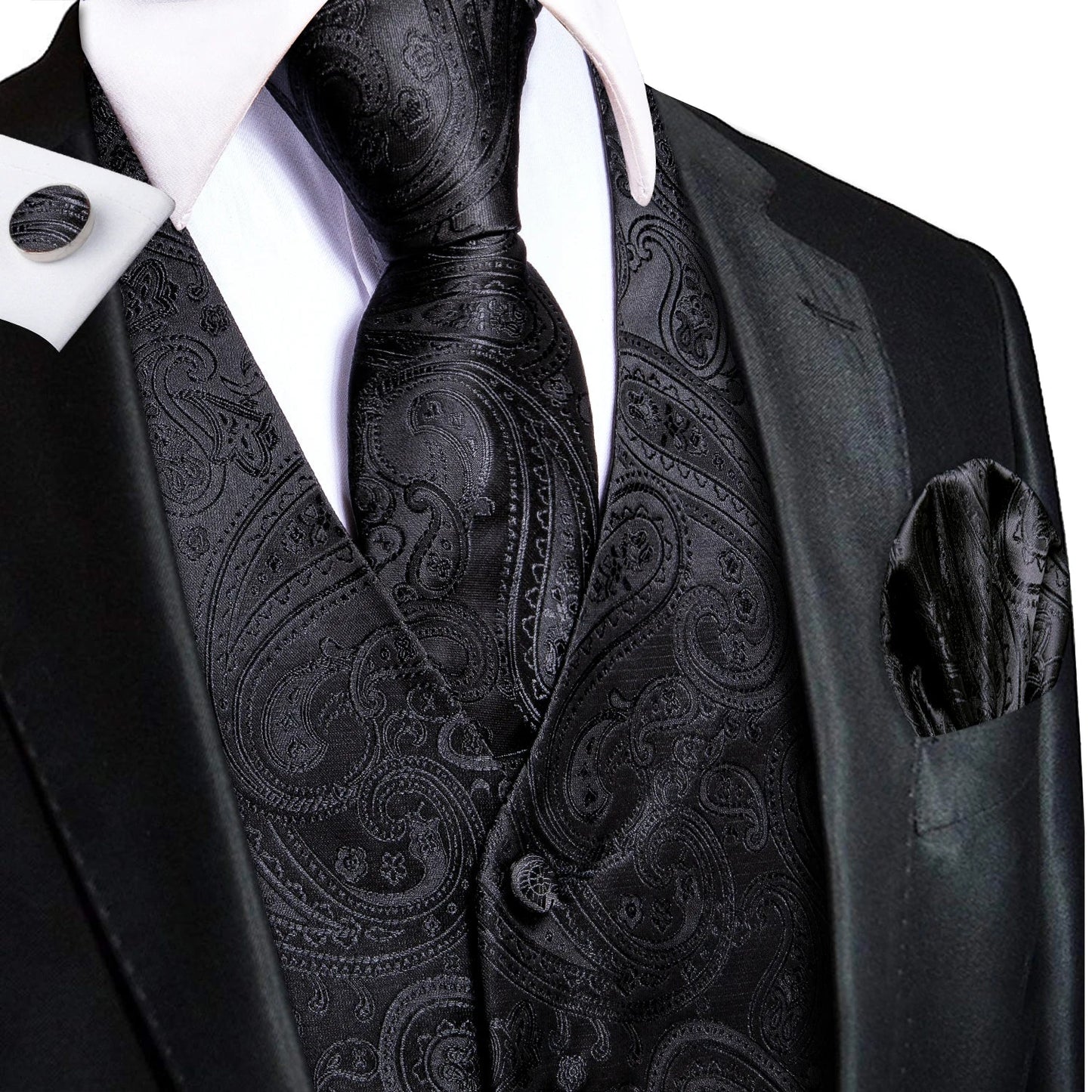 Men's Silk Vests Fashion Dark Green Floral Jacquard Handkerchief Cufflinks Necktie Sleeveless Wistcoat Sets Wedding Party