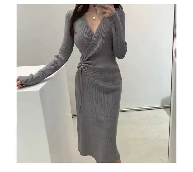 Chic V-ne Knitted Wrap Waist Slimming Mid-length A-line Dr Women's Sweater Dr Korean Sle High Waist Long Sve