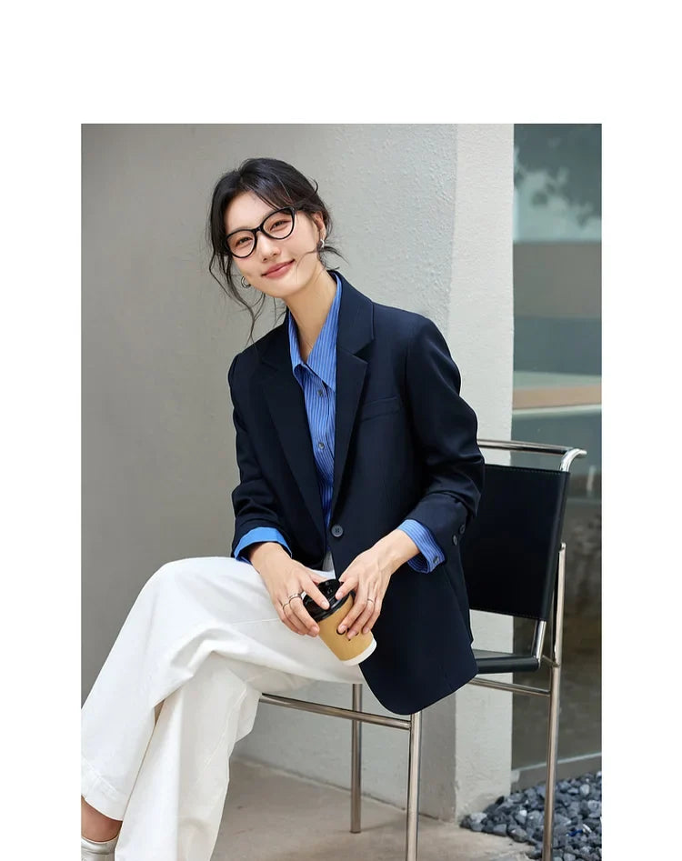 Women's Navy Blue Jackets Autumn 2026 Oversize Elegant Office Wear Blazer Notched Ladies New in Coats and Jackets A2360