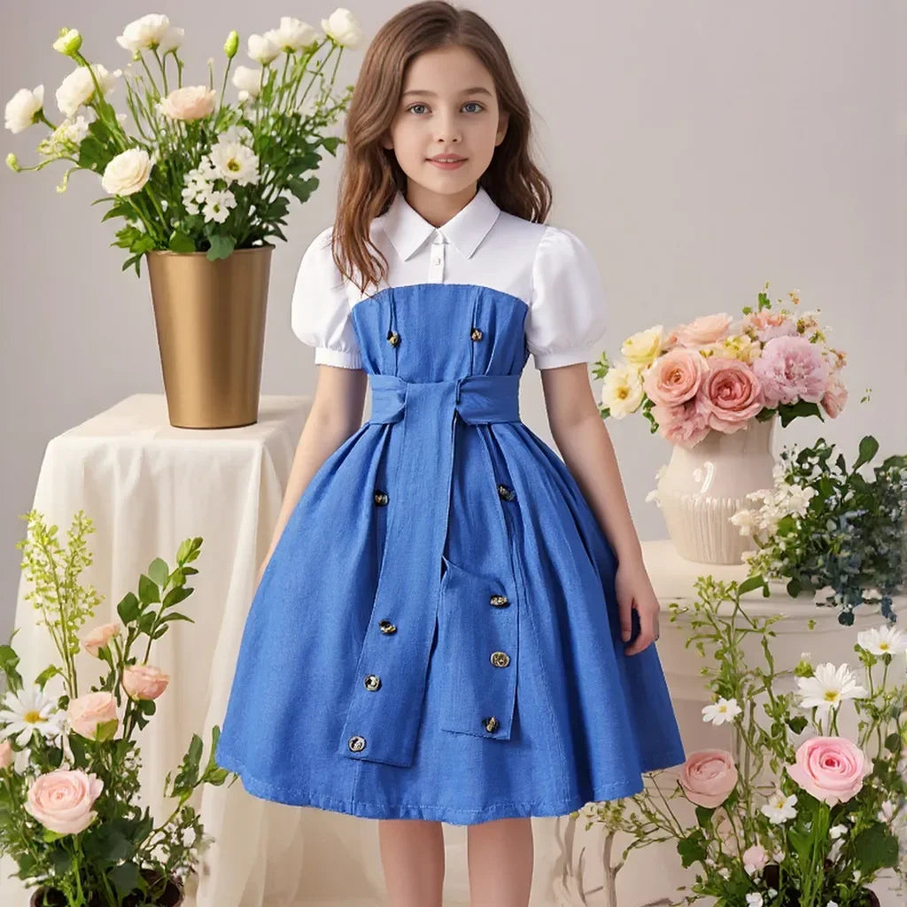 2025 Vintage Elegant Kids Girl Dress Summer Short Sleeves School Graduation Birthday Party Children Dresses 7 8 9 10 11 12 Yrs