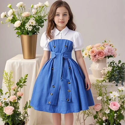 2025 Vintage Elegant Kids Girl Dress Summer Short Sleeves School Graduation Birthday Party Children Dresses 7 8 9 10 11 12 Yrs