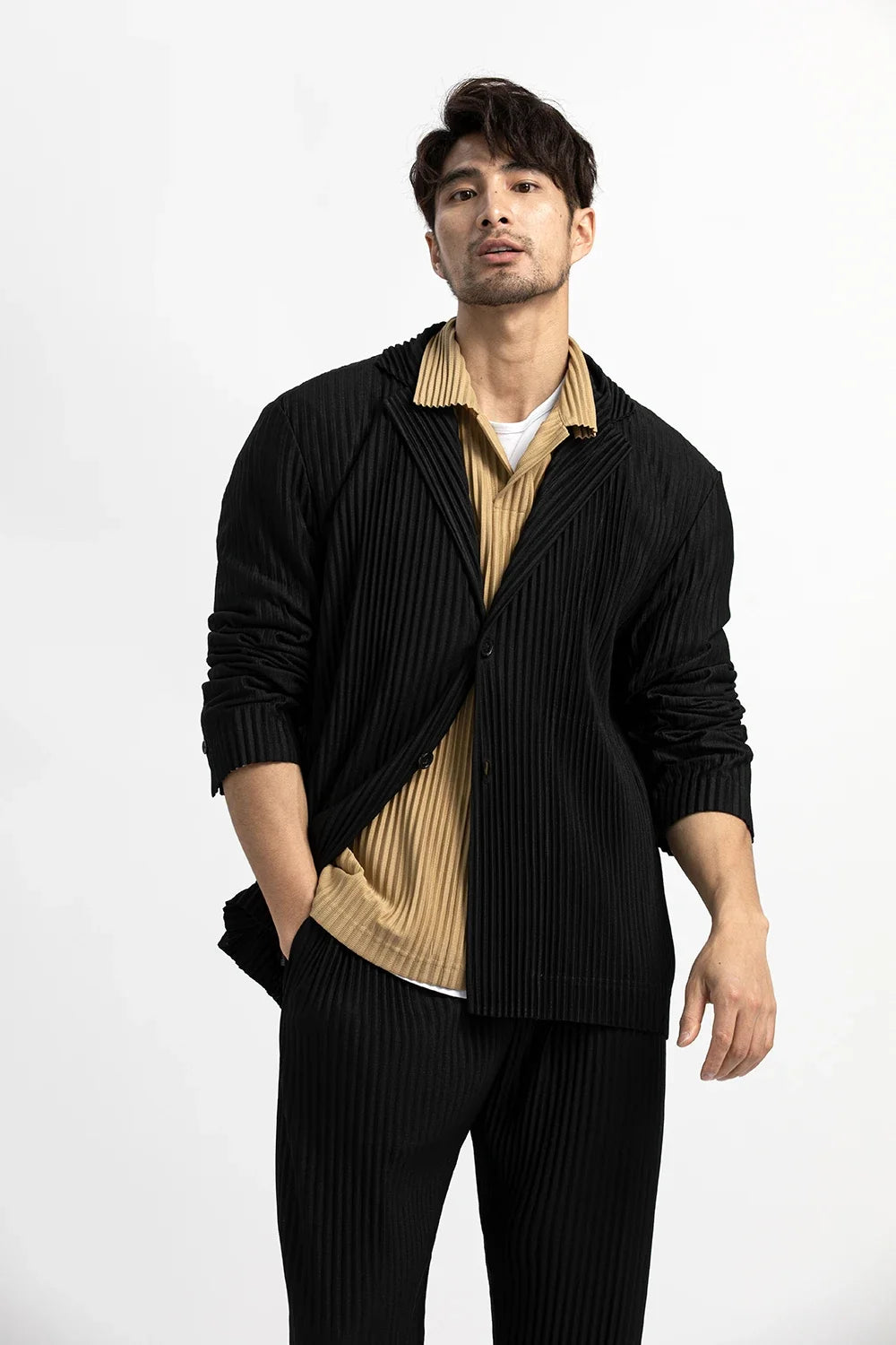 Pleated Blazer Black Suits For Men High Quality Casual Japanese Style Blazers Stretch Fabric Slim Fit Coat