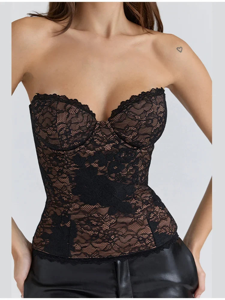 Lady Elegant Floral Lace Strapless Corset Top Transparent Lace Bustier Top Sleeveless Slim Tube Top For Night Club Party Dating