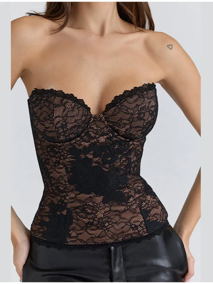 Lady Elegant Floral Lace Strapless Corset Top Transparent Lace Bustier Top Sleeveless Slim Tube Top For Night Club Party Dating