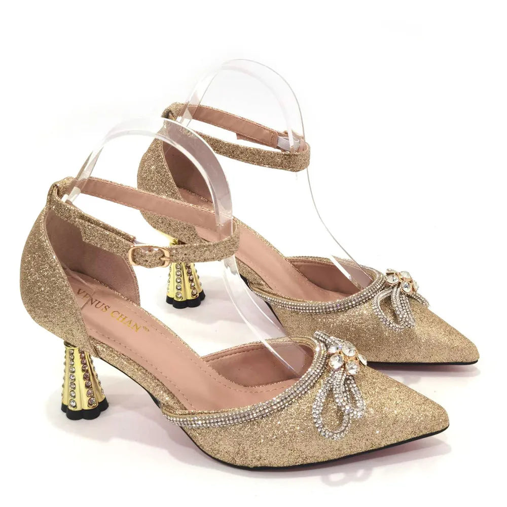 2023 Ladies Pointed-Toe Party High Heels Magenta Colour Bow Rhinestone Stereo Bag Evening  African Wedding Shoe And Bag Set